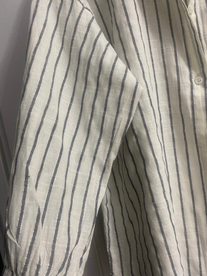 Oversize Beyaz Gri Çizgili Keten Gömlek - Görsel 4