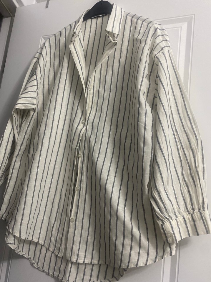 Oversize Beyaz Gri Çizgili Keten Gömlek - Görsel 5