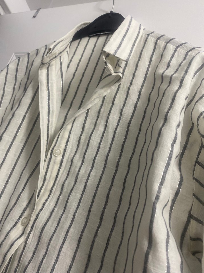Oversize Beyaz Gri Çizgili Keten Gömlek - Görsel 3