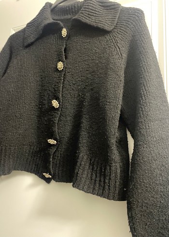 Düğmeli Siyah Triko Kadın Hırka - Görsel 2