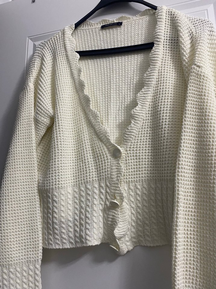 V Yaka Beyaz Triko Kadın Hırka - Görsel 2