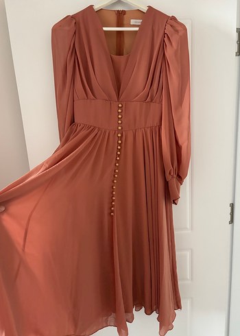 Düğmeli Bej midi Kadın Elbise - Görsel 2