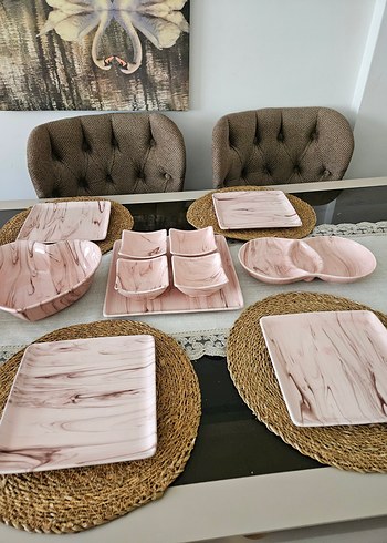 Pembe Mermer Desenli kahvaltı Servis Seti