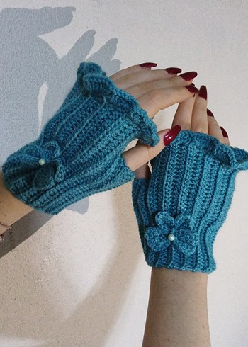 Turkuaz Örgü Parmaksız Bohem Eldiven - Görsel 4
