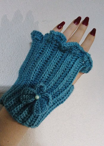 Turkuaz Örgü Parmaksız Bohem Eldiven - Görsel 2