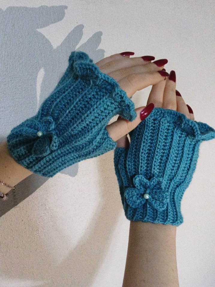 Turkuaz Örgü Parmaksız Bohem Eldiven - Görsel 4