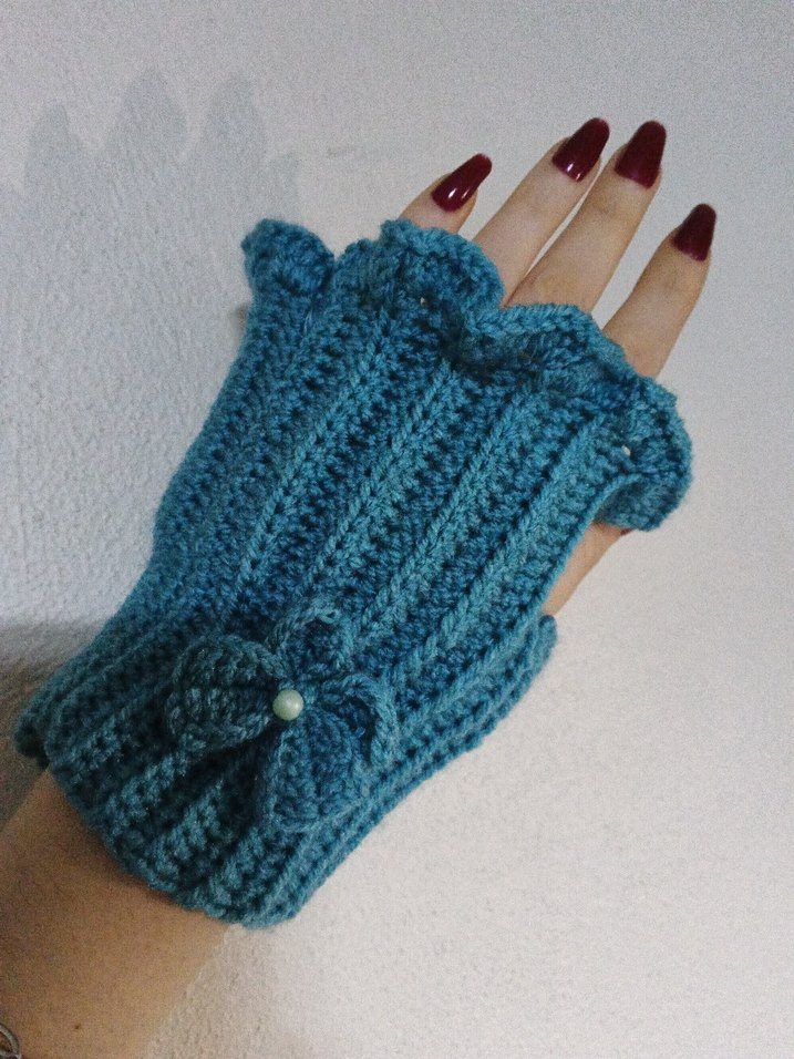 Turkuaz Örgü Parmaksız Bohem Eldiven - Görsel 2