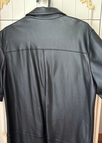 Düğmeli Siyah  Deri elbise - Görsel 4