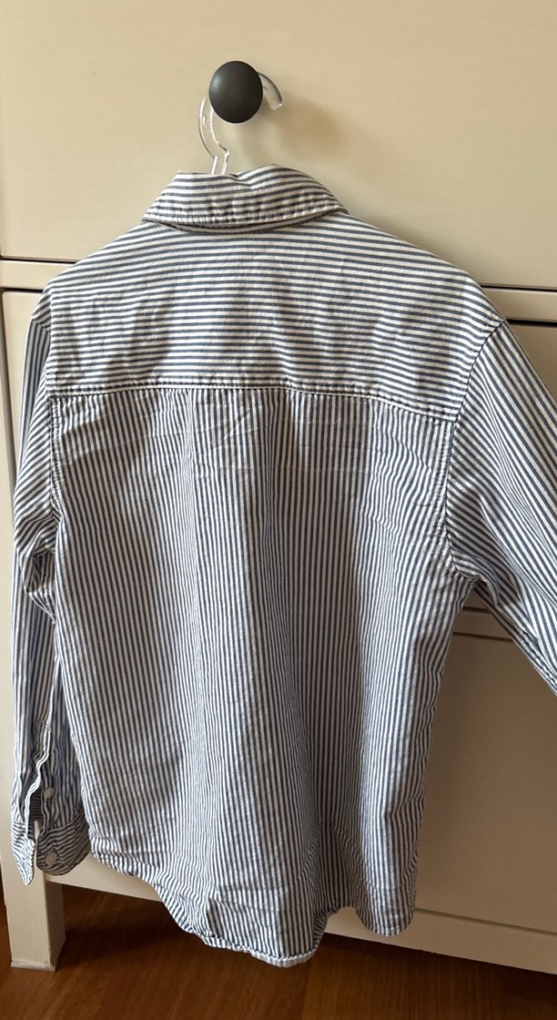 Düğmeli Gri Çizgili Keten Gömlek - Görsel 3