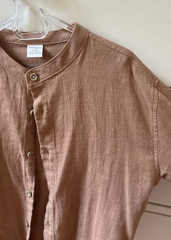 Bej Düğmeli Keten çocuk Gömlek - Görsel 2