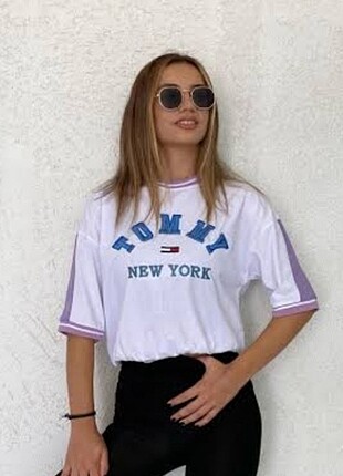 Tommy şeritli beli lastikli tshirt