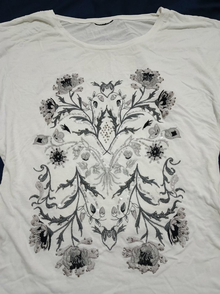 vintage tarz nakış ve pul işlemeli Kadın Tişört - Görsel 2