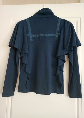 Uzun Kollu Fırfırlı dantel detaylı Lacivert Gotik Bluz - Görsel 2