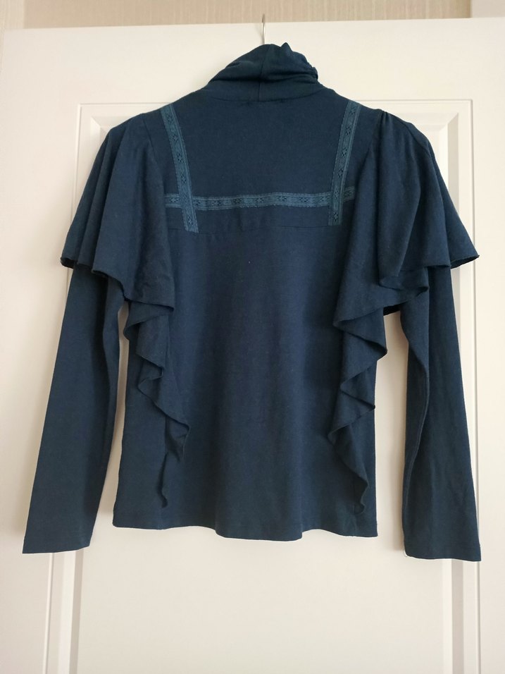 Uzun Kollu Fırfırlı dantel detaylı Lacivert Gotik Bluz - Görsel 2