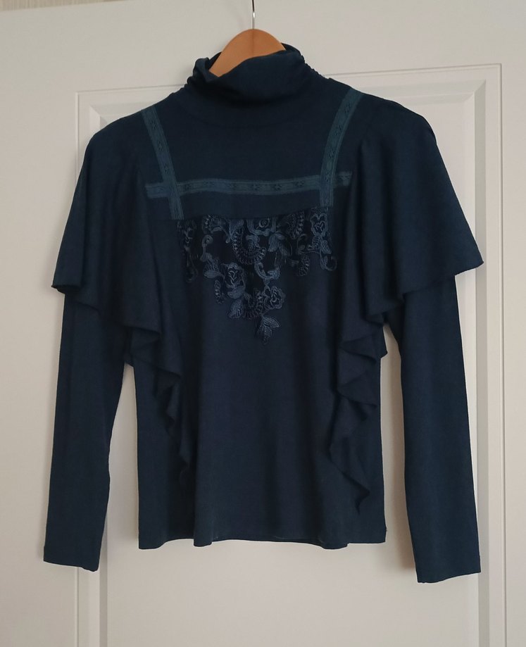 Uzun Kollu Fırfırlı dantel detaylı Lacivert Gotik Bluz - Görsel 4