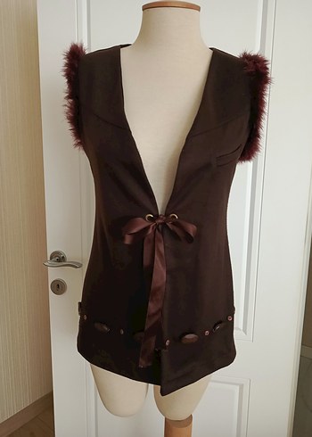 vintage tarz orjinal peluş tüylü kurdele bağlamalı yelek - Görsel 2