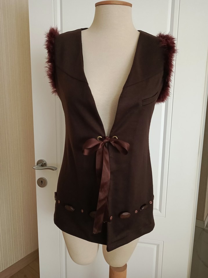 vintage tarz orjinal peluş tüylü kurdele bağlamalı yelek - Görsel 2