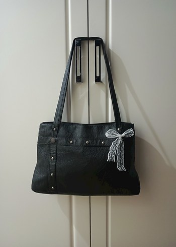 vintage metal zımba Detaylı Siyah Deri Kadın kol Çantası - Görsel 6