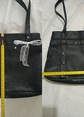 vintage metal zımba Detaylı Siyah Deri Kadın kol Çantası - Görsel 7