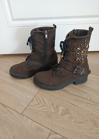 Kahverengi metal boncuklu gerçek nubuk Biker Bot - Görsel 5