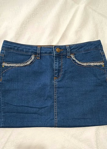 vintage cep kenarları işlemeli lacivert Mini Kot Etek - Görsel 3