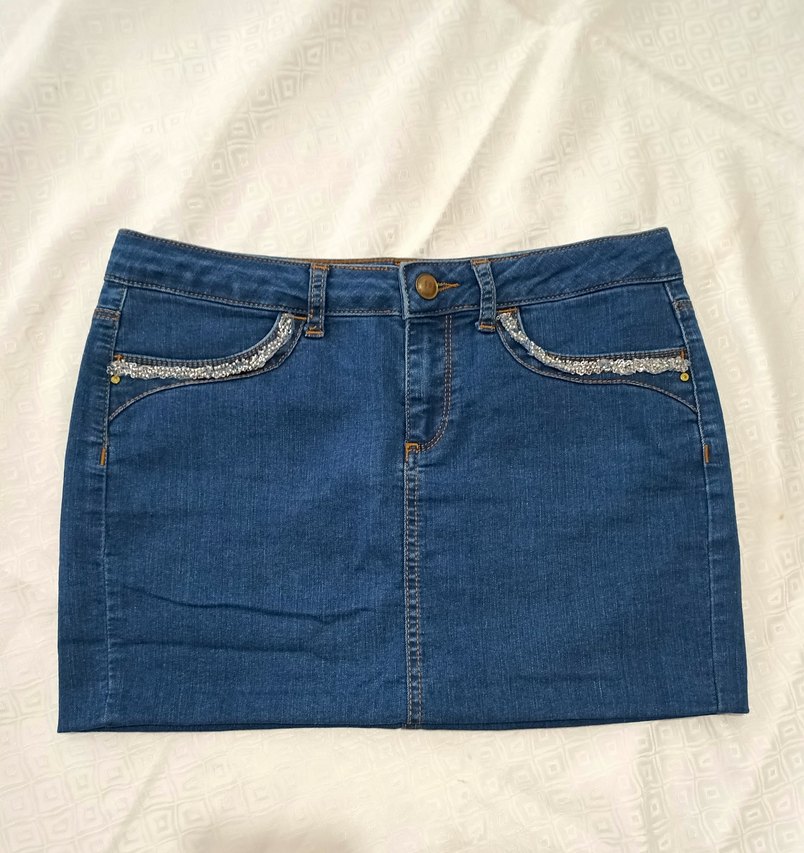 vintage cep kenarları işlemeli lacivert Mini Kot Etek - Görsel 3