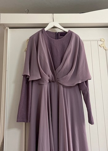 Uzun Kollu Mor Kadın Abiye Elbise - Görsel 3