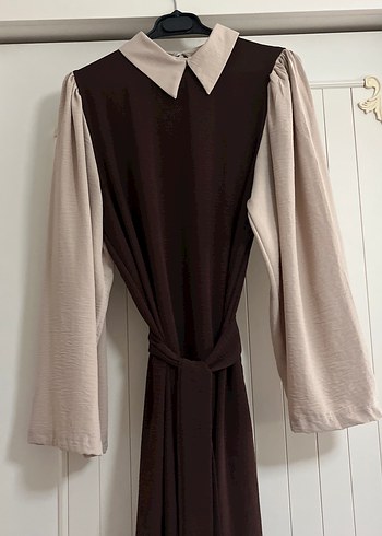 Kahverengi Uzun Kollu Drapeli Uzun Elbise - Görsel 4