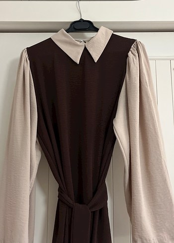 Kahverengi Uzun Kollu Drapeli Uzun Elbise - Görsel 3