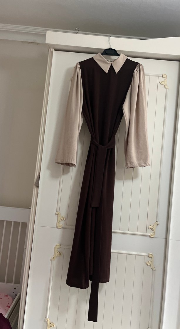 Kahverengi Uzun Kollu Drapeli Uzun Elbise - Görsel 2