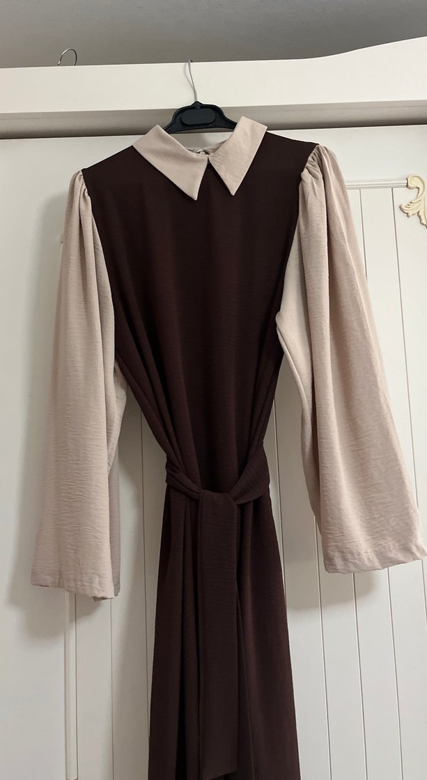 Kahverengi Uzun Kollu Drapeli Uzun Elbise - Görsel 4