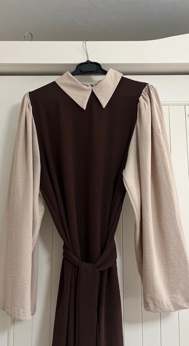 Kahverengi Uzun Kollu Drapeli Uzun Elbise - Görsel 3