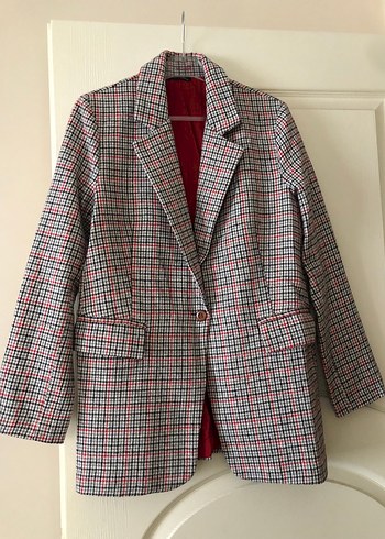 Düğmeli Gri Ekose Kadın Blazer Ceket - Görsel 2