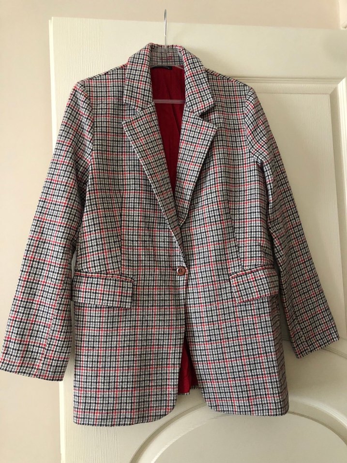 Düğmeli Gri Ekose Kadın Blazer Ceket - Görsel 2