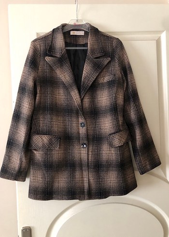 Kahverengi Ekose Düğmeli Kadın Blazer Ceket - Görsel 2
