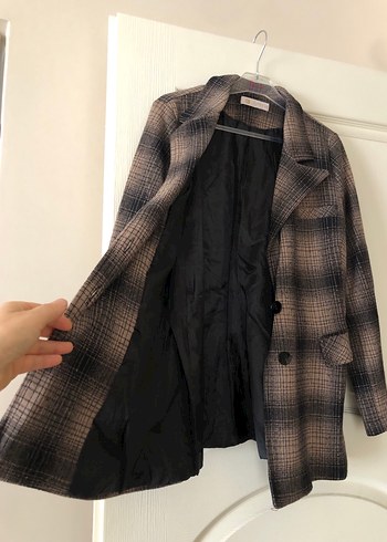 Kahverengi Ekose Düğmeli Kadın Blazer Ceket - Görsel 3