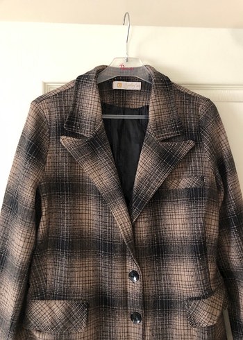 Kahverengi Ekose Düğmeli Kadın Blazer Ceket - Görsel 4