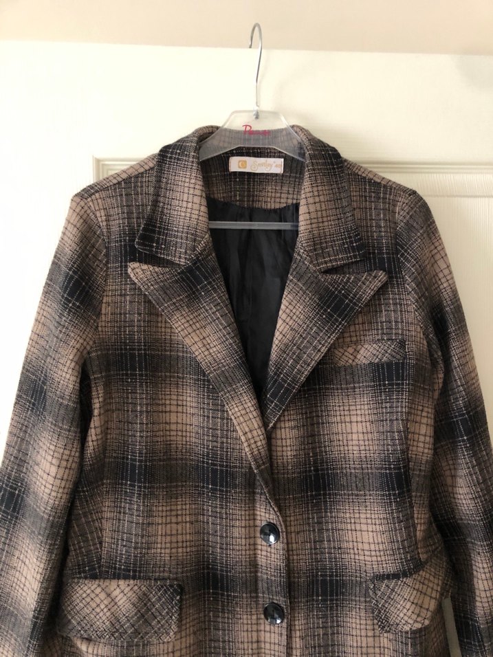 Kahverengi Ekose Düğmeli Kadın Blazer Ceket - Görsel 4