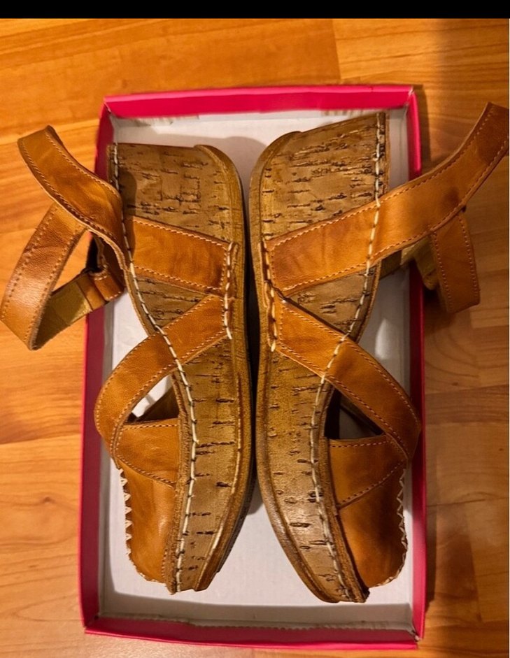 Kahverengi Deri Dolgu Topuklu Bohem Sandalet - Görsel 2