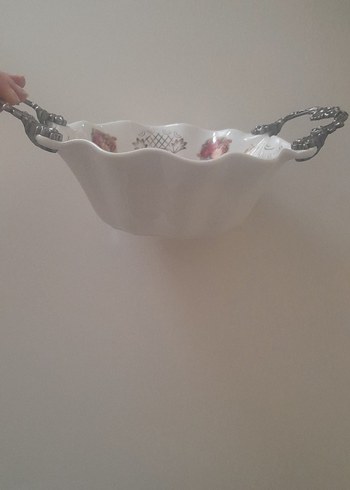 Çiçek Desenli Beyaz Kulplu Porselen Tabak - Görsel 2