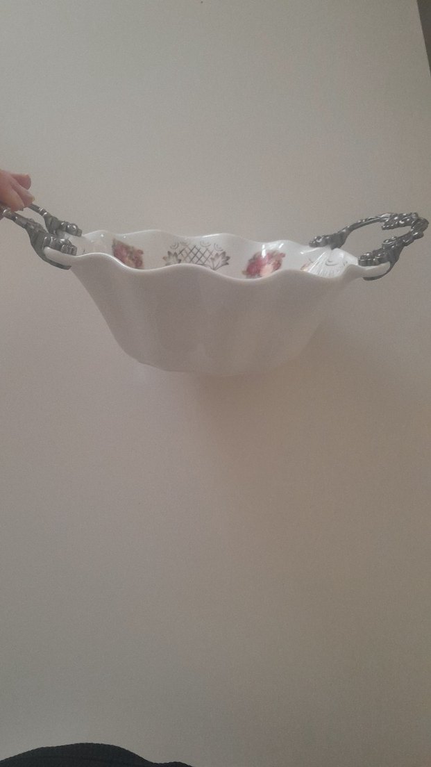 Çiçek Desenli Beyaz Kulplu Porselen Tabak - Görsel 2