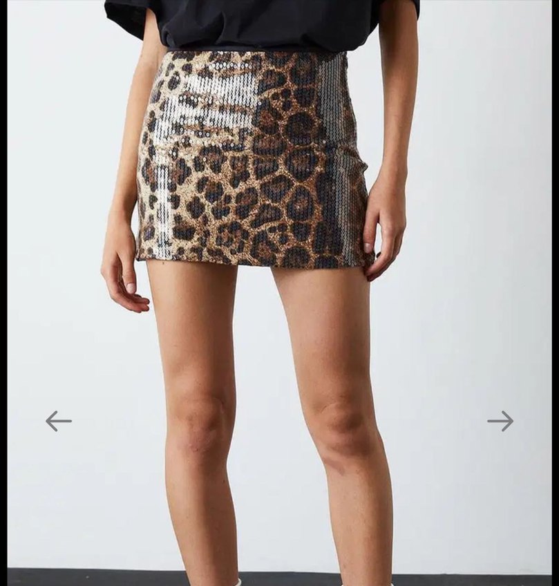 Kahverengi Parlak Payetli Yılan Desenli Mini Etek - Görsel 2