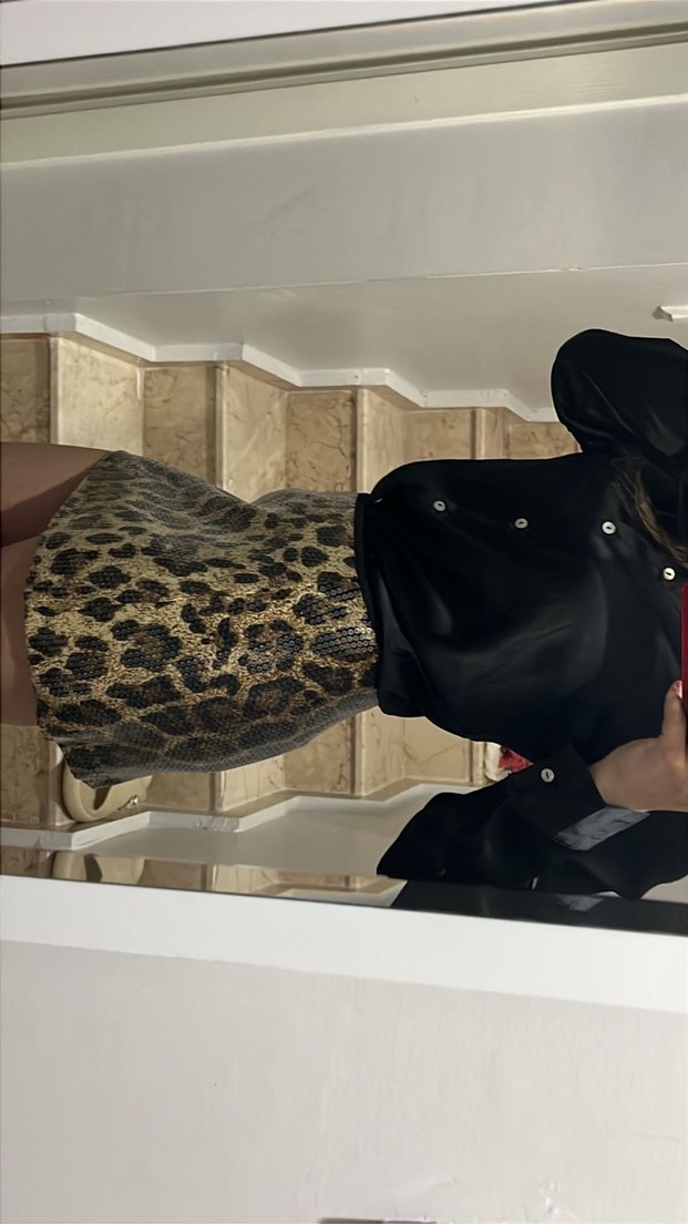 Kahverengi Parlak Payetli Yılan Desenli Mini Etek - Görsel 3