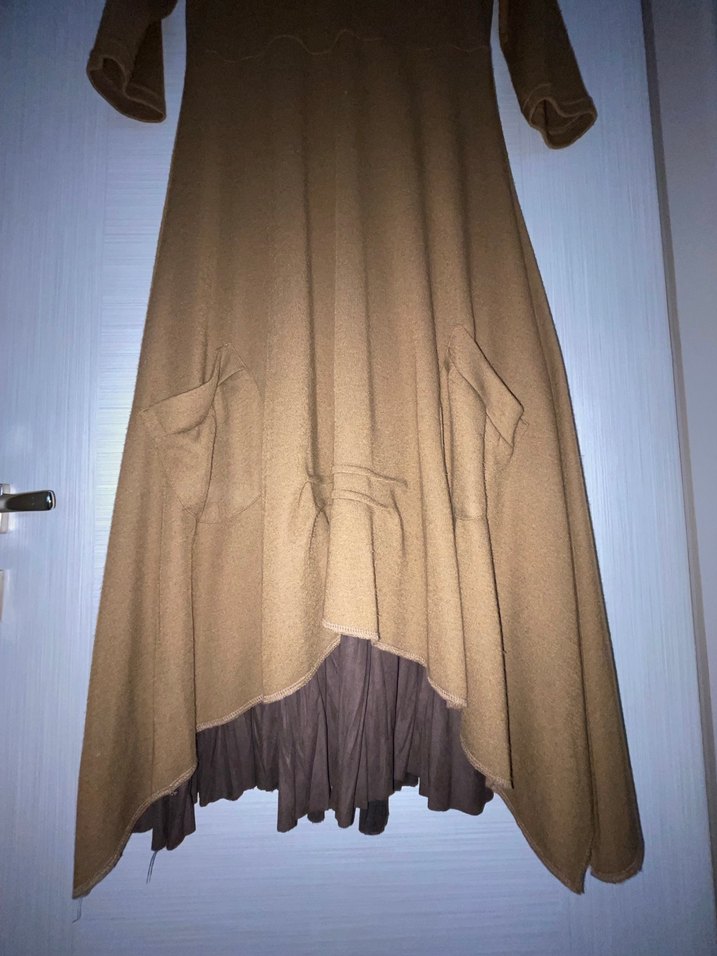 Drapeli Koyu Bej Uzun Keten Elbise - Görsel 3