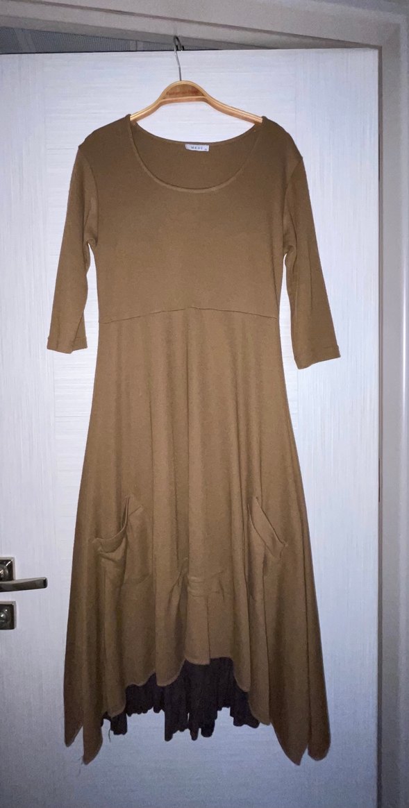 Drapeli Koyu Bej Uzun Keten Elbise - Görsel 2