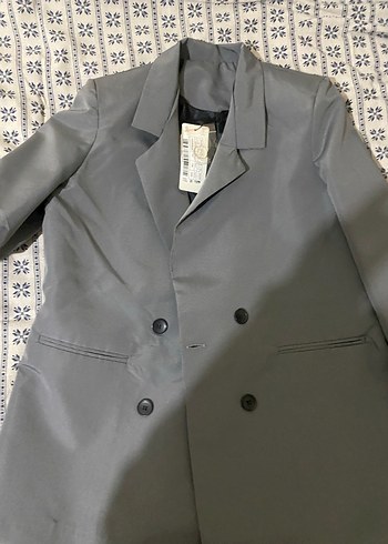 Kadın Gri Düğmeli Midi Blazer Ceket