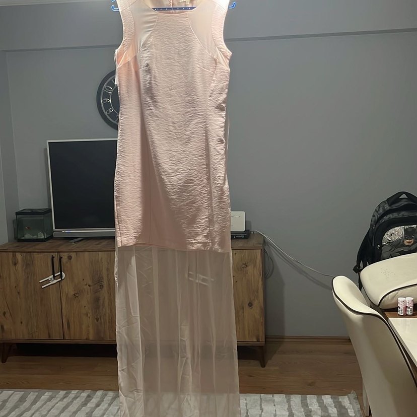 Pembe Midi V Yakalı Drapeli Elbise - Görsel 2