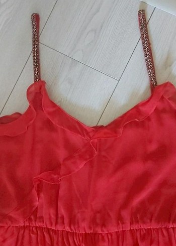 Kırmızı, Askılı, V Yaka Elbise - Görsel 5