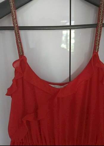 Kırmızı, Askılı, V Yaka Elbise - Görsel 7