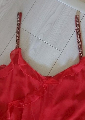 Kırmızı, Askılı, V Yaka Elbise - Görsel 3